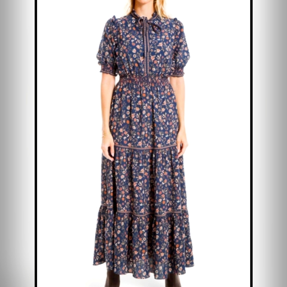 Max Studio Keyhole Puff Sleeve Tiered Maxi Dress Navy Coral Quilted Floral